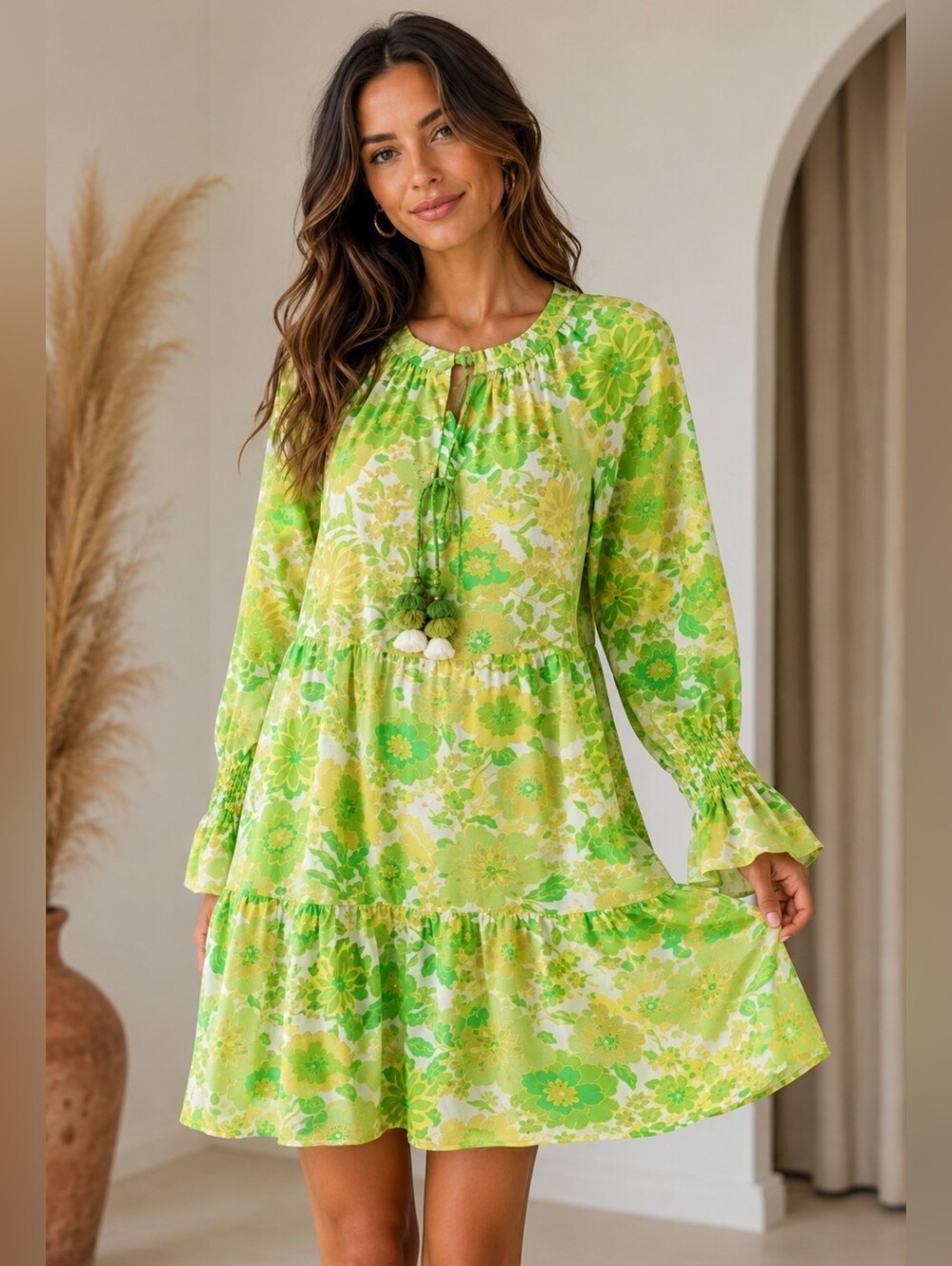 FIGUE Bella Tiered Mini Dress In Lime Retro Floral Print Cotton Prairie Boho XS